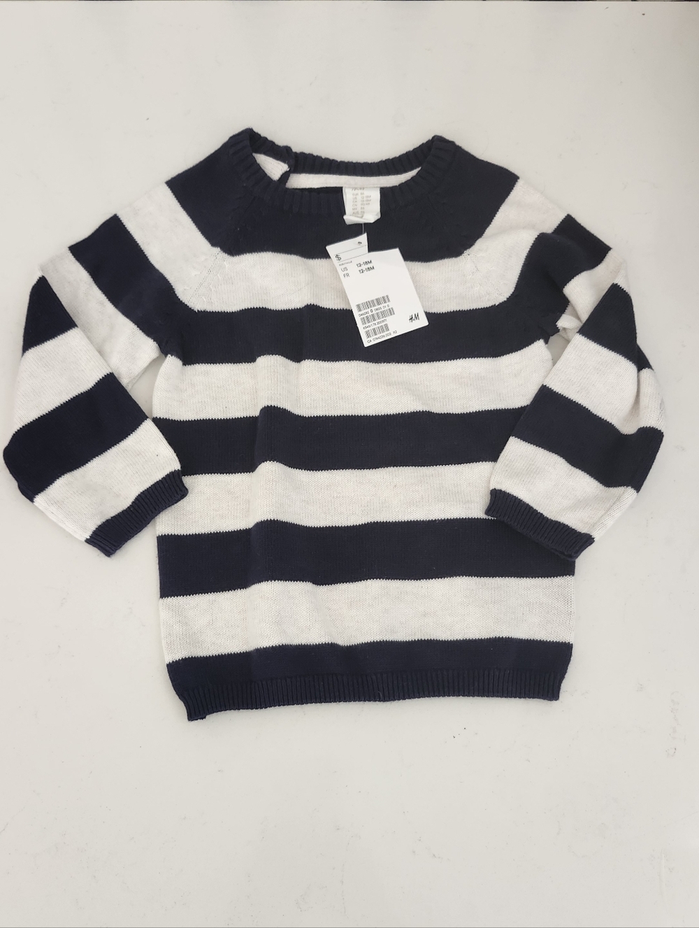 H&M Knit Toddler Boy Navy Blue Beige Strip Sweater 12-18M